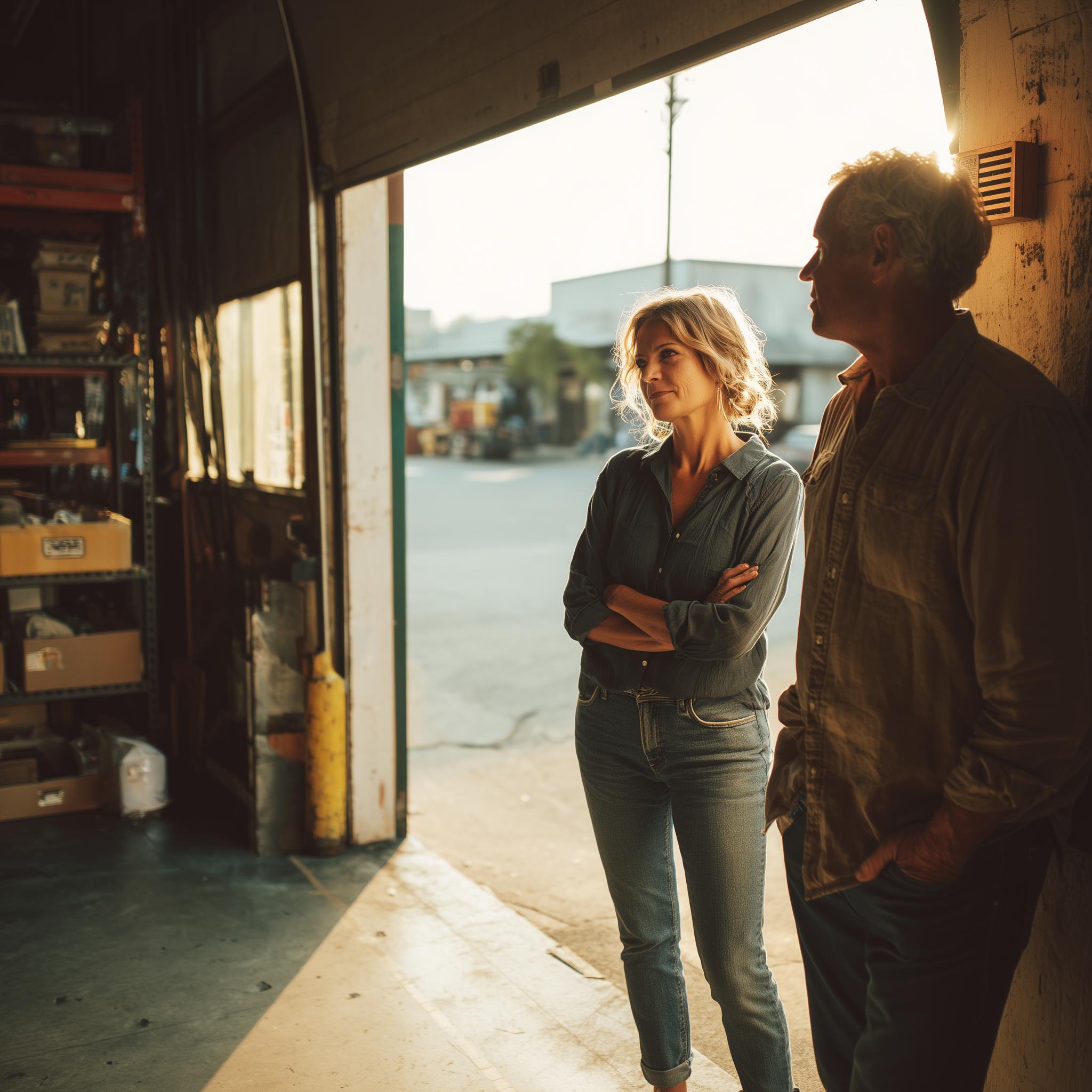 advisor and business owner standing in a loading dock of a small business