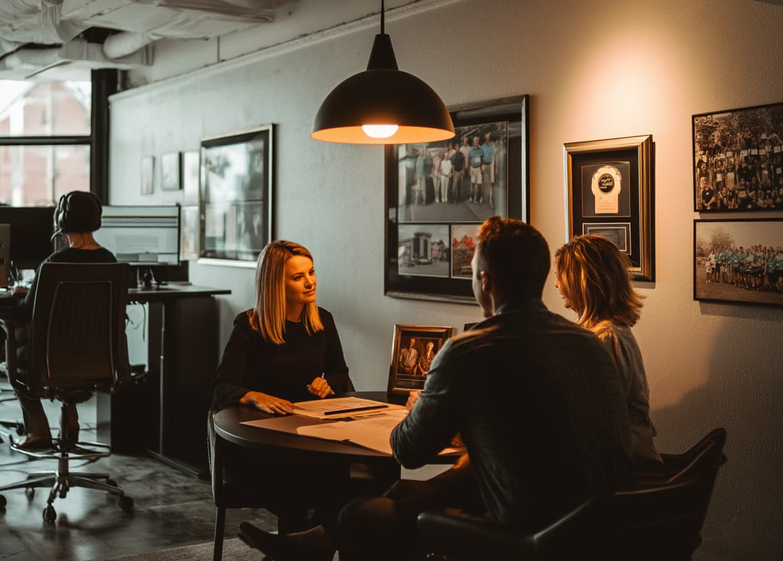 Insurance agent and couple with family owned business relevant portraits on the wall