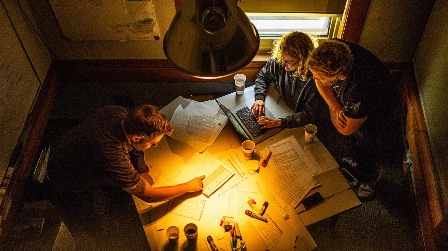 adivosrs sitting around an table with a single overhead light